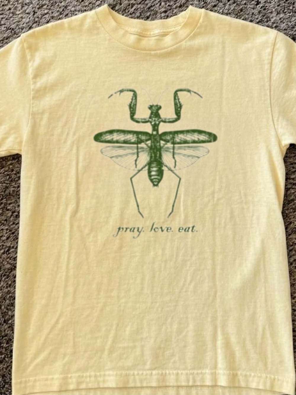 Gildan Yellow Short Sleeve Tee with Green Praying Mantis Graphic